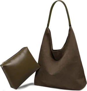 Suede Hobo Bag for Women 2 Pcs Purse Slouchy Faux Suede Tote Bag Leather Handbag