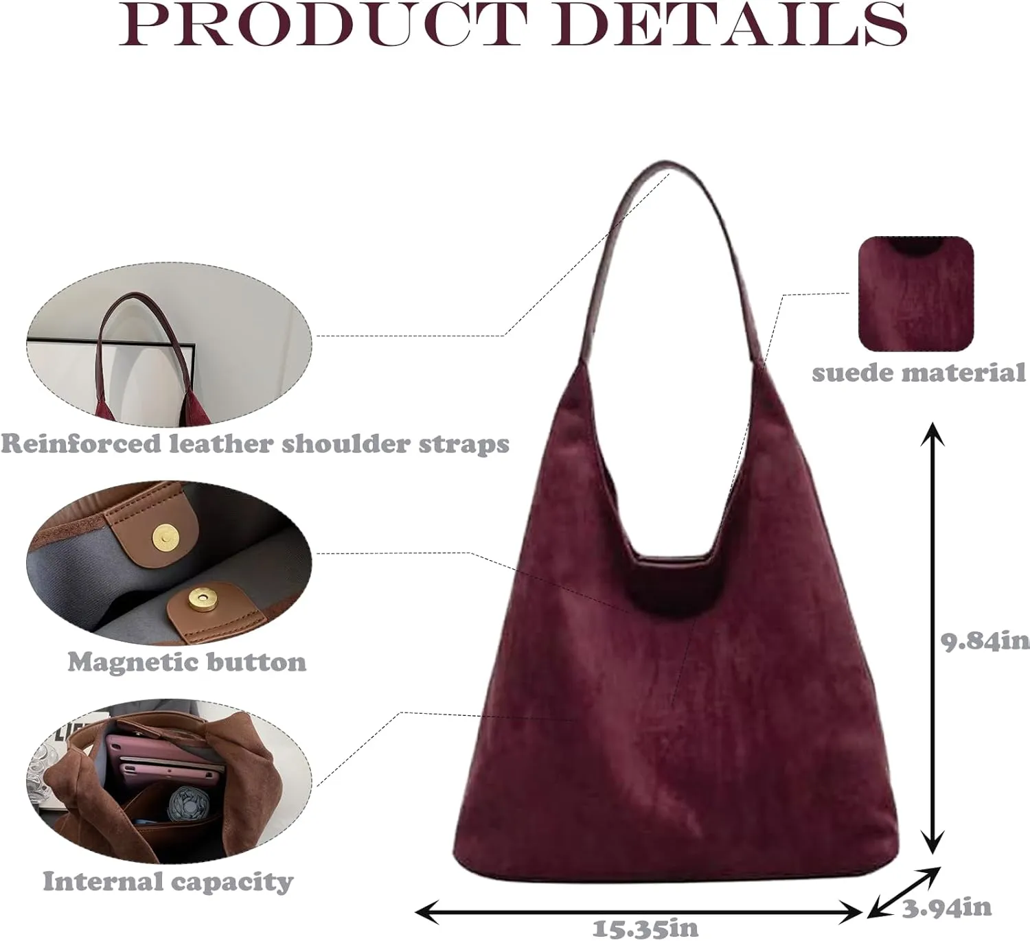 Suede Hobo Bag - Slouchy Tote for Travel, Shopping, Work - Brown Suede