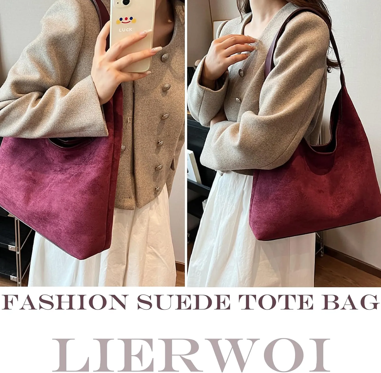 Suede Hobo Bag - Slouchy Tote for Travel, Shopping, Work - Brown Suede