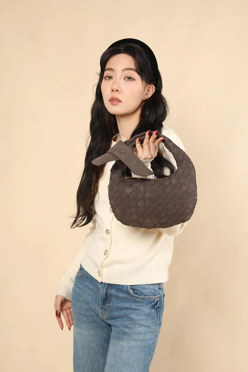 Suede Leather Woven Bag for Women, Woven Knot Clutch Bag, Woven Purse, Evening Handbag, Vegan Leather Top Handle Bag