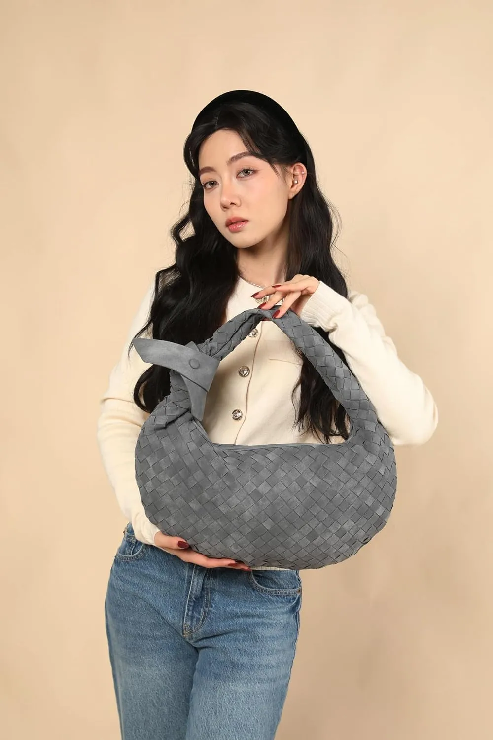 Suede Leather Woven Bag for Women, Woven Knot Clutch Bag, Woven Purse, Evening Handbag, Vegan Leather Top Handle Bag