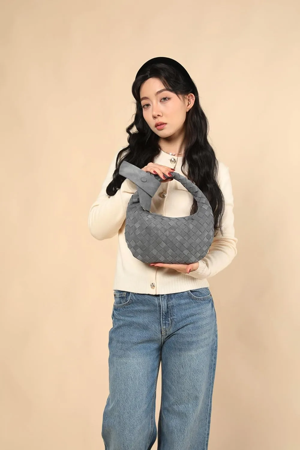 Suede Leather Woven Bag for Women, Woven Knot Clutch Bag, Woven Purse, Evening Handbag, Vegan Leather Top Handle Bag