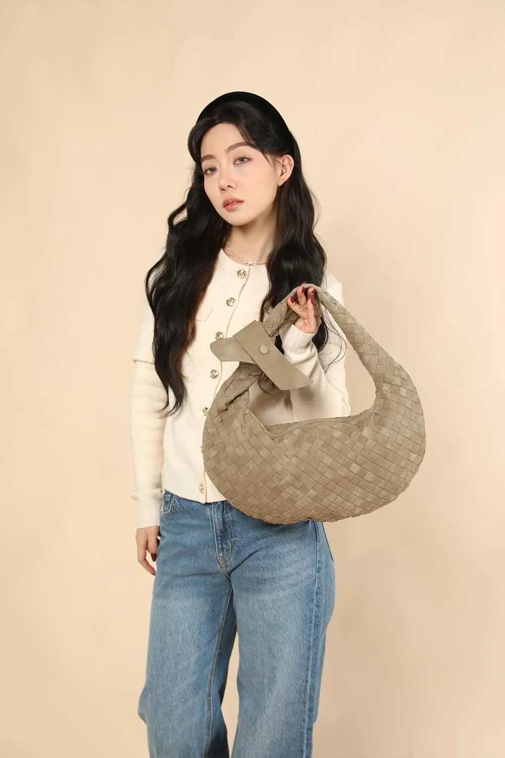 Suede Leather Woven Bag for Women, Woven Knot Clutch Bag, Woven Purse, Evening Handbag, Vegan Leather Top Handle Bag