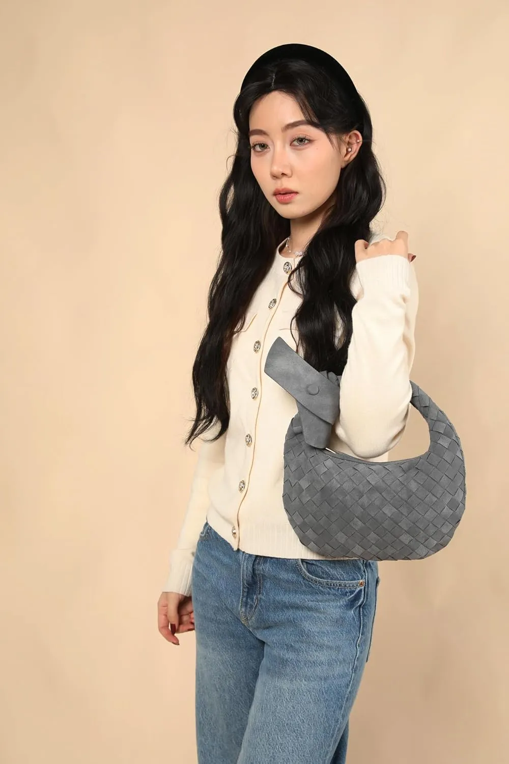 Suede Leather Woven Bag for Women, Woven Knot Clutch Bag, Woven Purse, Evening Handbag, Vegan Leather Top Handle Bag