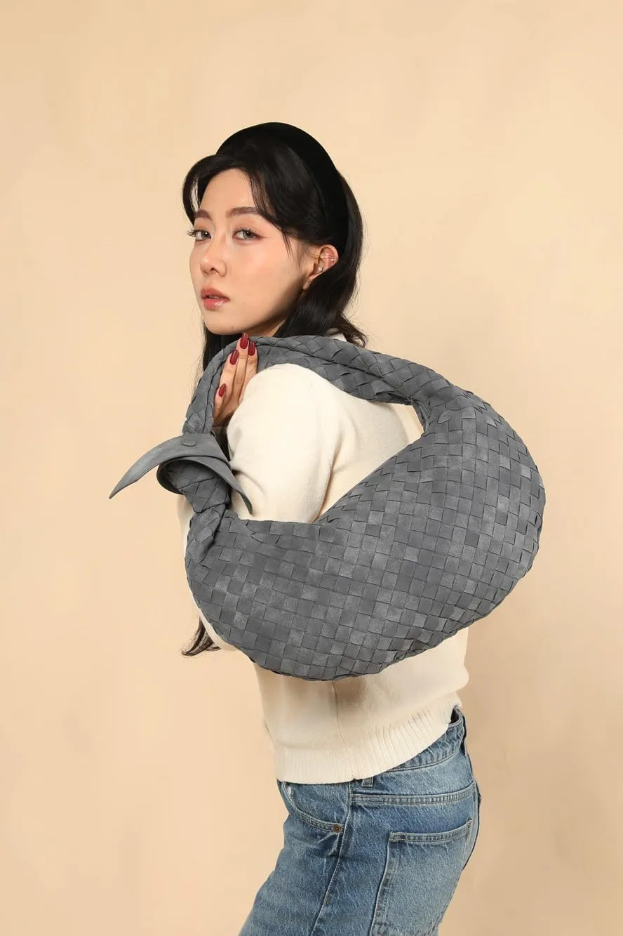 Suede Leather Woven Bag for Women, Woven Knot Clutch Bag, Woven Purse, Evening Handbag, Vegan Leather Top Handle Bag