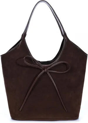 Suede Shoulder Handbags Hobo Tote Bag for Women 2024, Brown Winter Suede Bow Purse