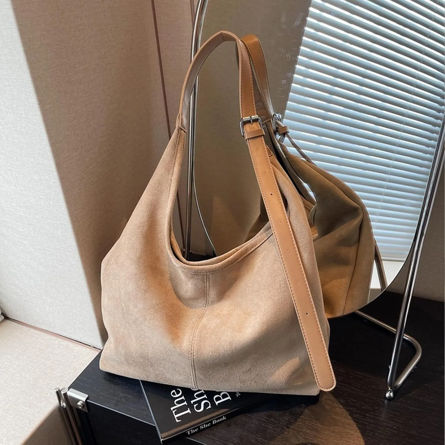 Suede Slouchy Hobo Bag for Women Chocolate Tote Handbag Large Retro Suede Shoulder Purse for Travel Shopping Work