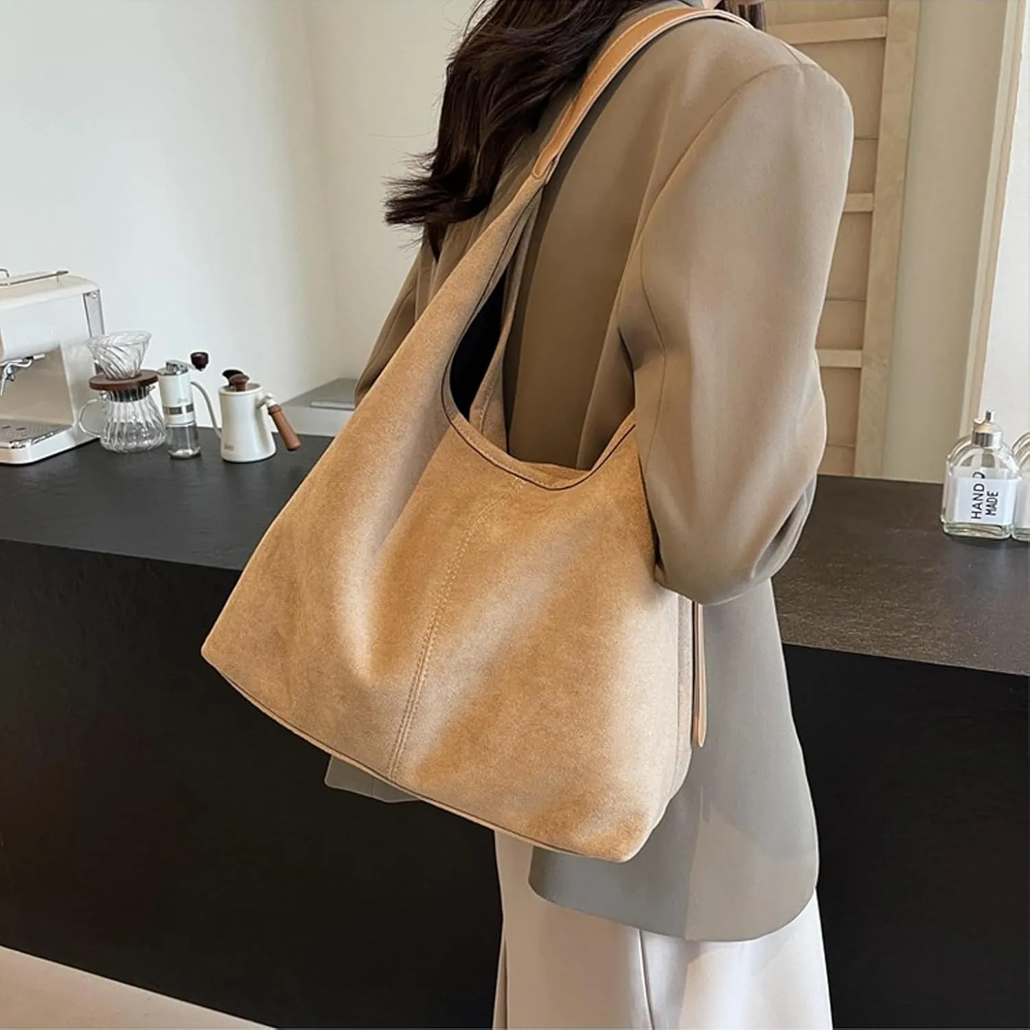 Suede Slouchy Hobo Bag for Women Chocolate Tote Handbag Large Retro Suede Shoulder Purse for Travel Shopping Work