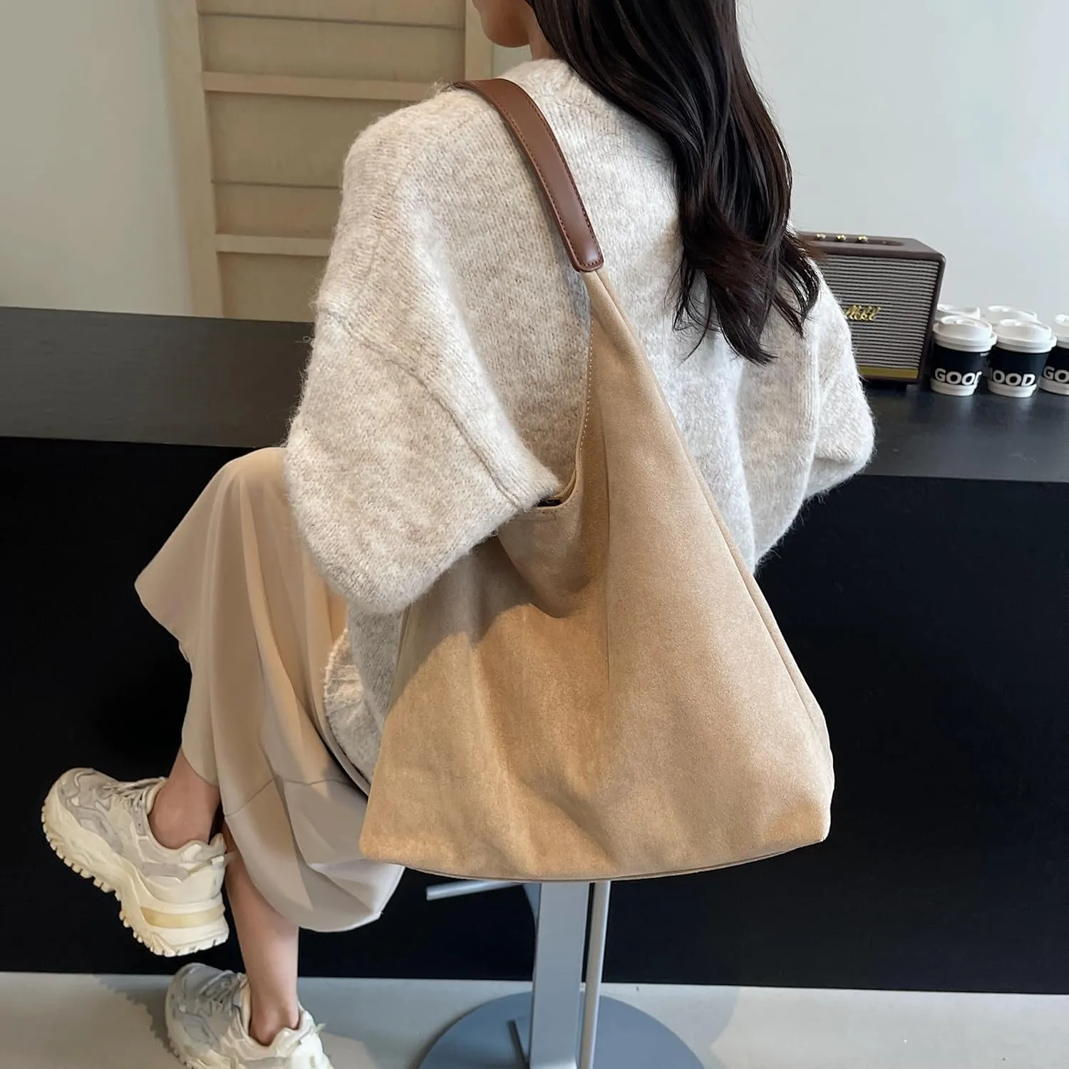 Suede Tote Bag, Brown Slouchy Suede Bags for Womens Tote Bag Work Purses Crescent Bag Suede Handbag Travel Winter Fall