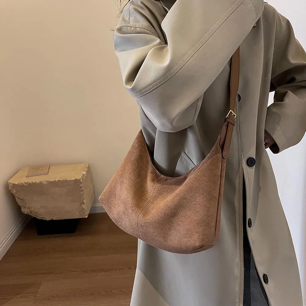 Suede Tote Bag for Women, Crescent Shoulder Bags Large Capacity Handbag Hobo Bag Autumn Leisure Lazy Crossbody Bag