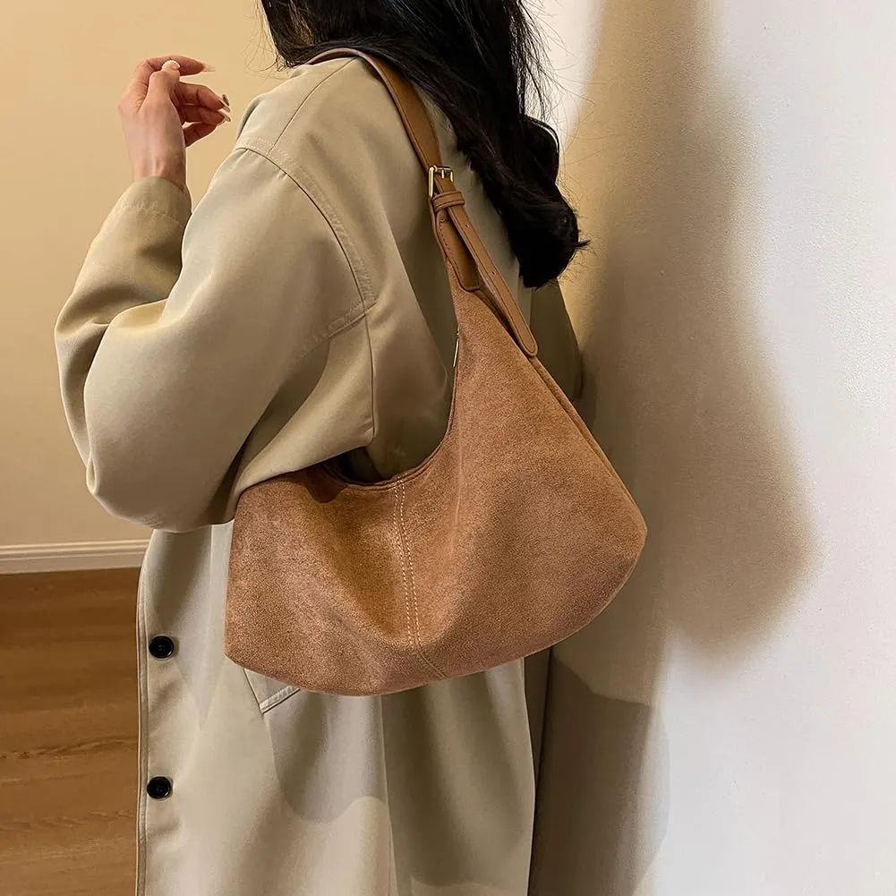Suede Tote Bag for Women, Crescent Shoulder Bags Large Capacity Handbag Hobo Bag Autumn Leisure Lazy Crossbody Bag