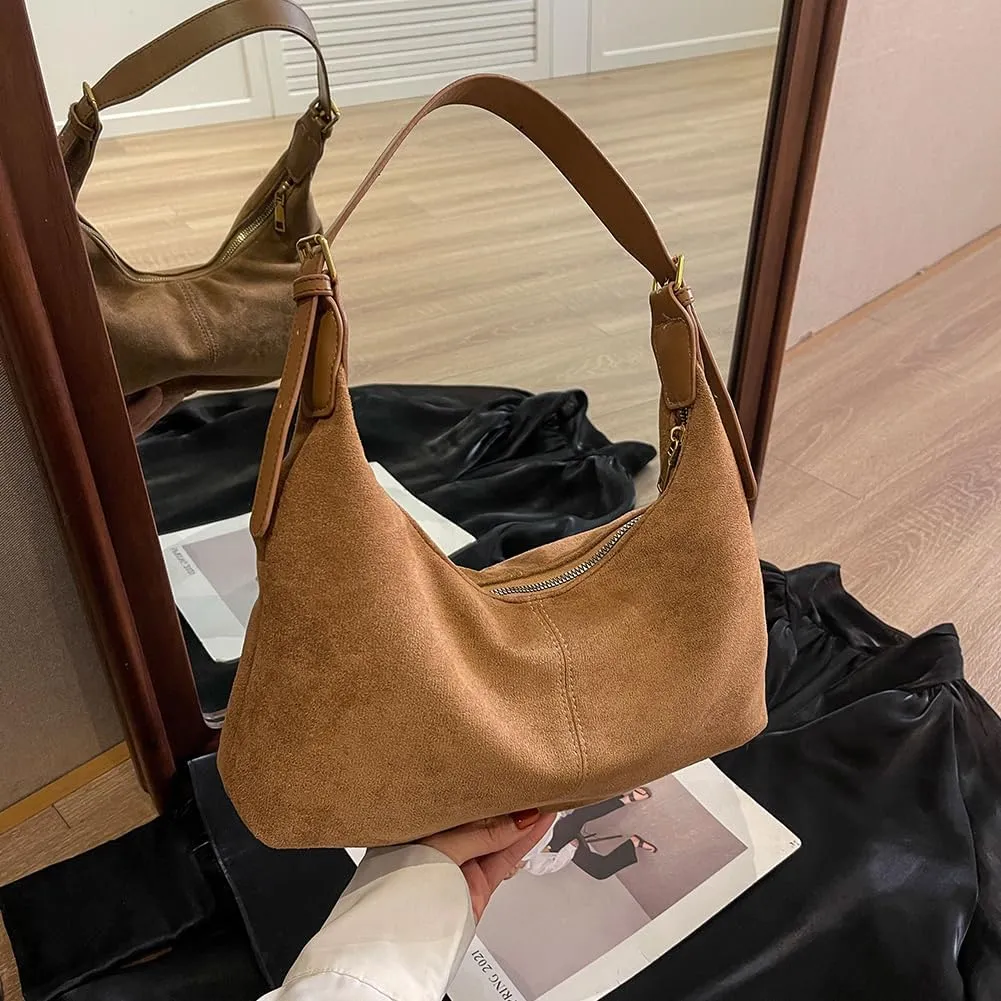 Suede Tote Bag for Women, Crescent Shoulder Bags Large Capacity Handbag Hobo Bag Autumn Leisure Lazy Crossbody Bag