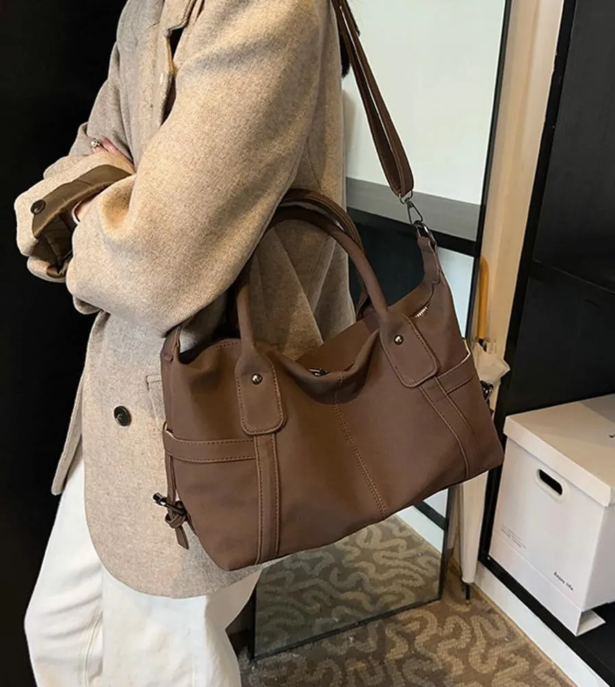 Suede Tote Bag for Women Faux Suede Crossbody Purse Slouchy Shoulder Bag Vintage Top-handle Work Travel Tote Handbag