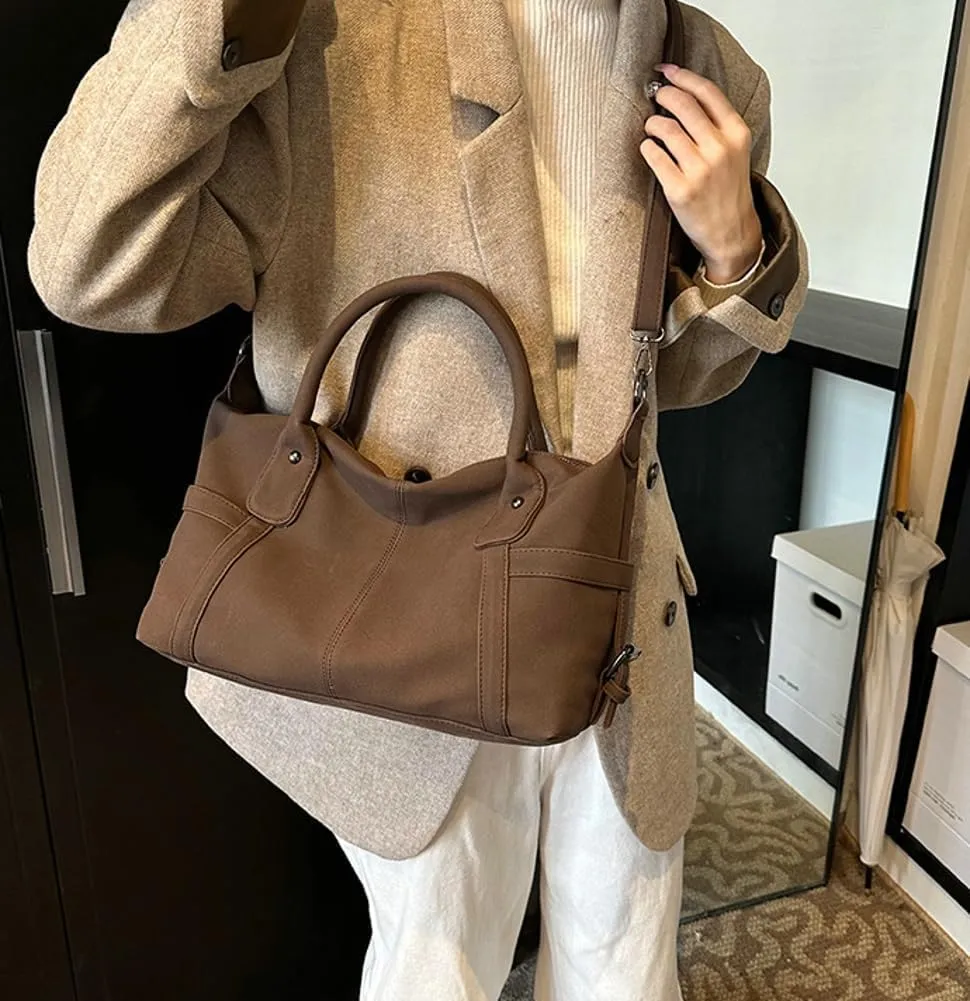 Suede Tote Bag for Women Faux Suede Crossbody Purse Slouchy Shoulder Bag Vintage Top-handle Work Travel Tote Handbag
