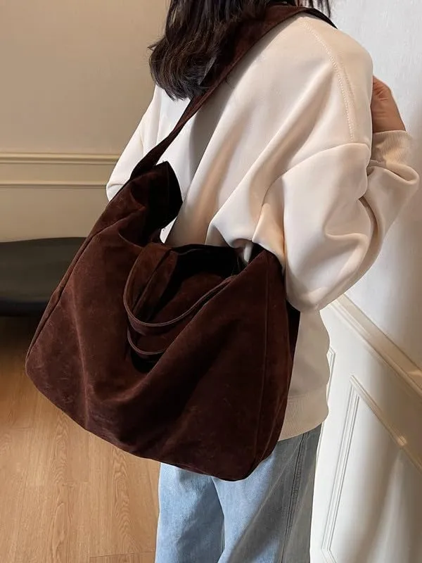 Suede Tote Bag for Women Vintage Retro Extra Large Slouchy Hobo Shoulder Satchel Top Handle Work Purse Crossbody Handbag