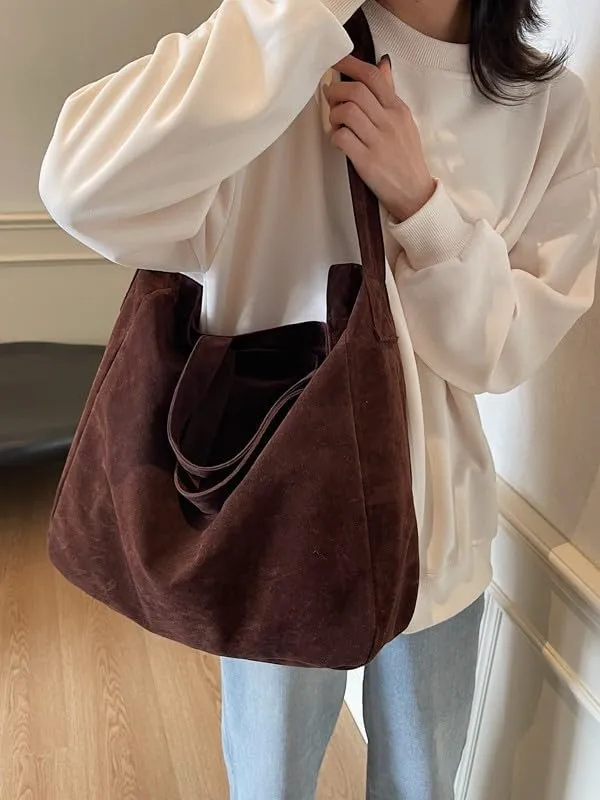 Suede Tote Bag for Women Vintage Retro Extra Large Slouchy Hobo Shoulder Satchel Top Handle Work Purse Crossbody Handbag