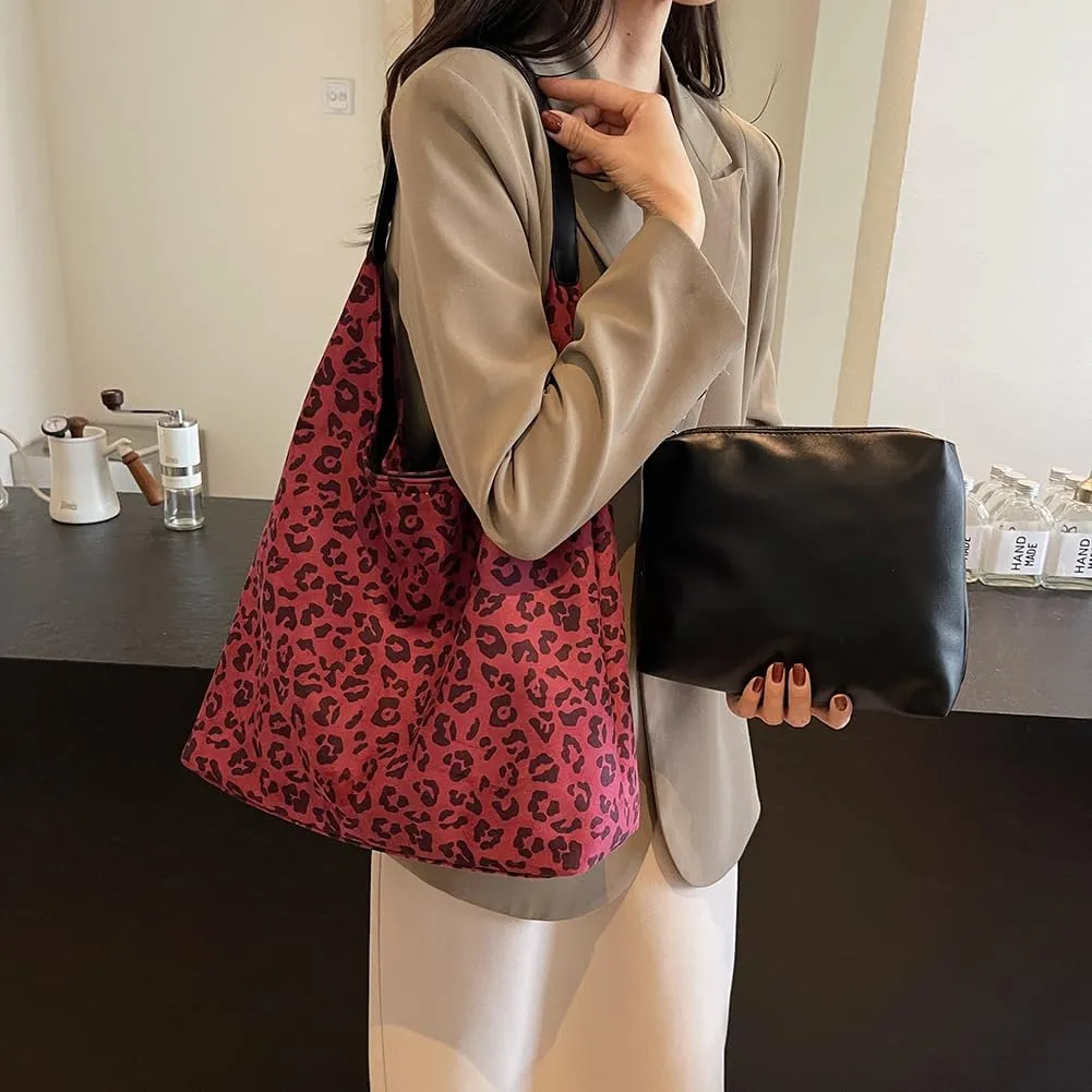 Suede Tote Bag for Women With Leopard Print Slouchy Hobo and Small Purse - Oversize Work Office Tote