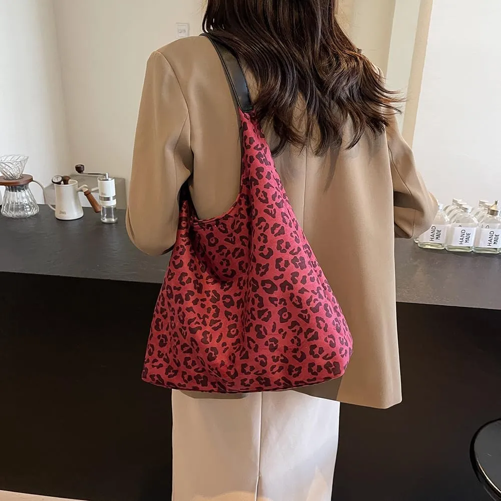 Suede Tote Bag for Women With Leopard Print Slouchy Hobo and Small Purse - Oversize Work Office Tote