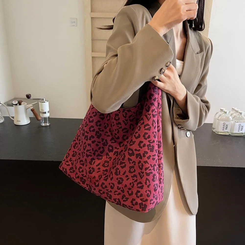 Suede Tote Bag for Women With Leopard Print Slouchy Hobo and Small Purse - Oversize Work Office Tote