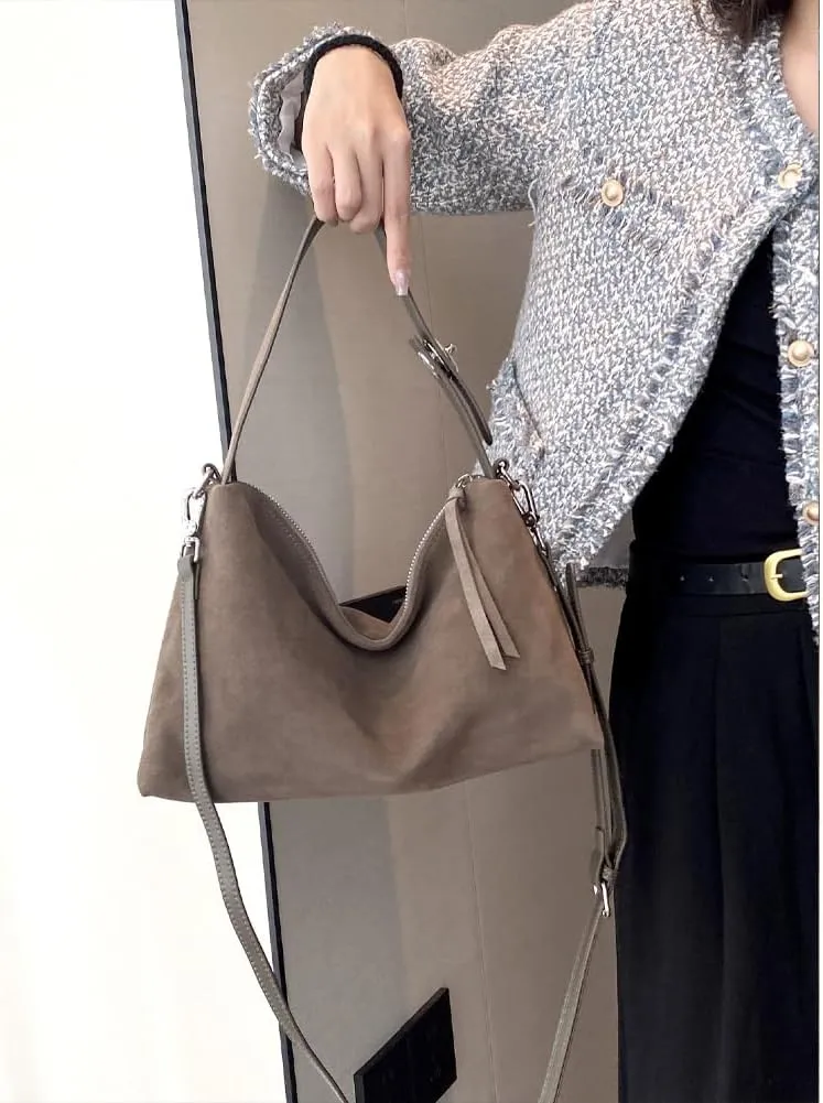 Suede Tote Bags for Women Genuine Leather Suede Purse Handbag Vintage Slouchy Hobo Shoulder Crossbody Bag