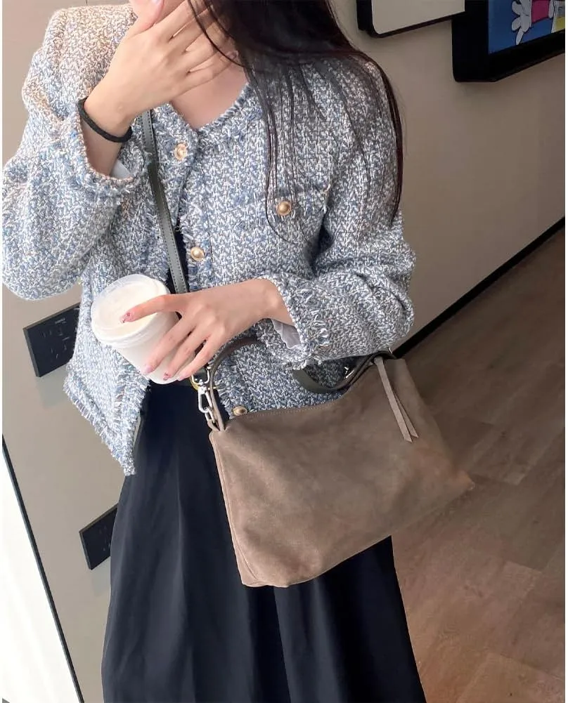 Suede Tote Bags for Women Genuine Leather Suede Purse Handbag Vintage Slouchy Hobo Shoulder Crossbody Bag