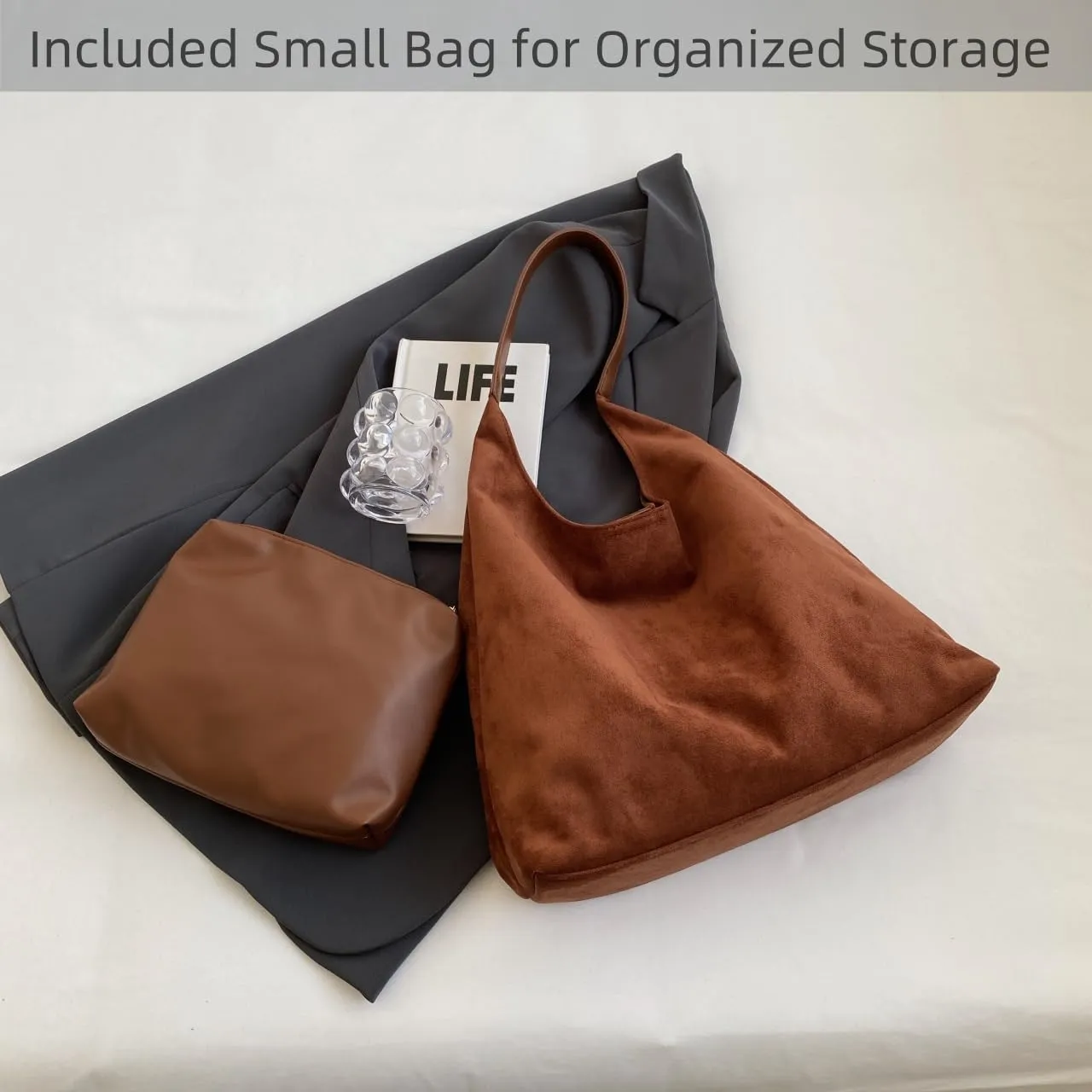 Suede Tote Bags for Women Large Slouchy Bag Retro Suede Purse Soft Hobo Handbag Office Shoulder Bag