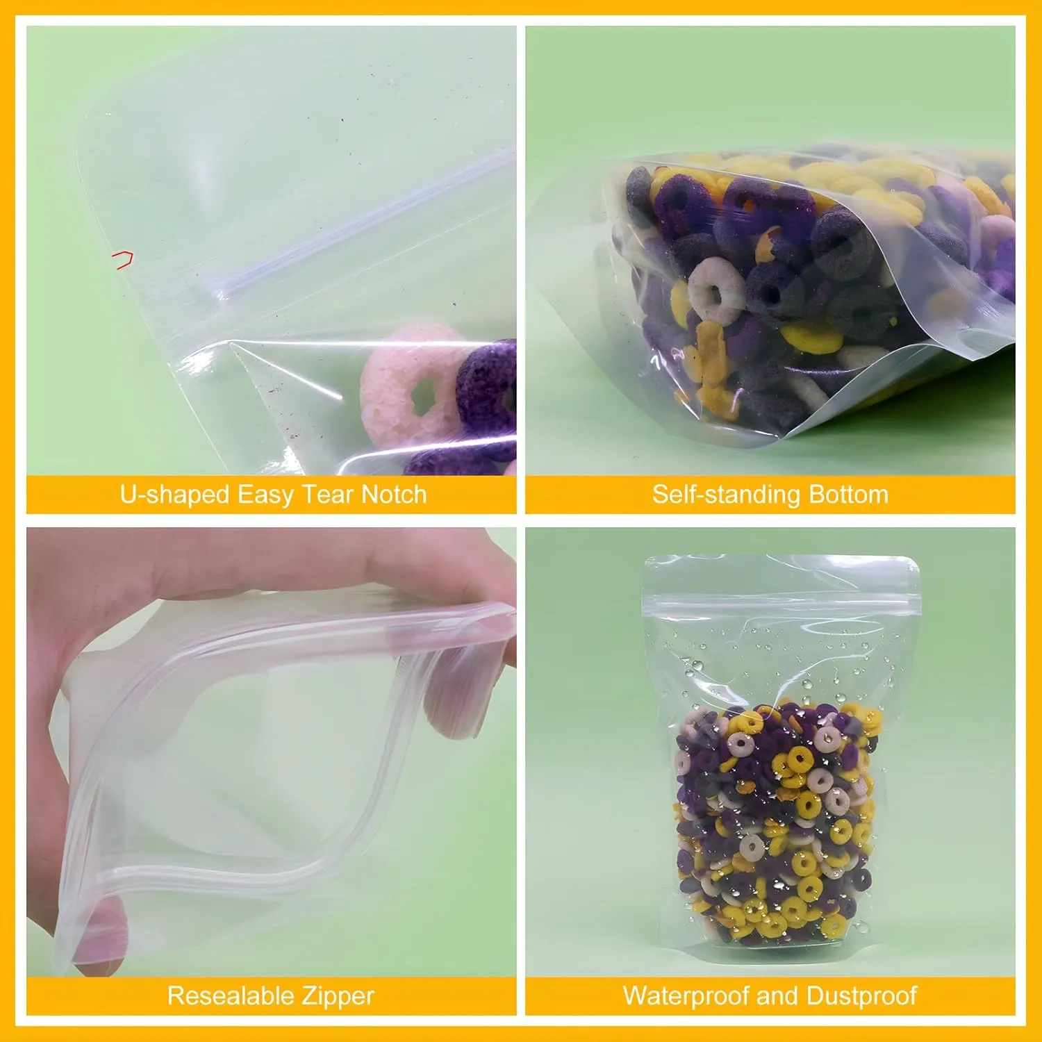 SumDirect 100Pcs 7x10.2 Inches Clear Stand Up Food Bags, Zipper Stand-up Reusable Sealing Food Pouches Snack Packing Bag with Tear Notch Heat Resealable for Storing, Cookie, Snack Tea and Drinking