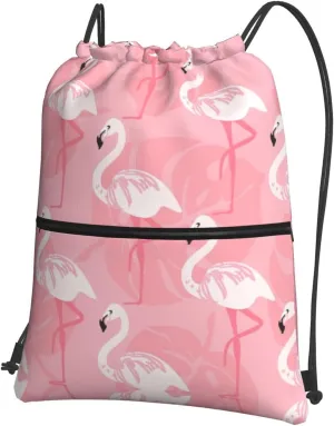 Summer Flamingo Palm Leaves Print Drawstring Zipper Backpack â€“ Gym Drawstring Bag for Sports, Yoga, Dance, Travel, and More