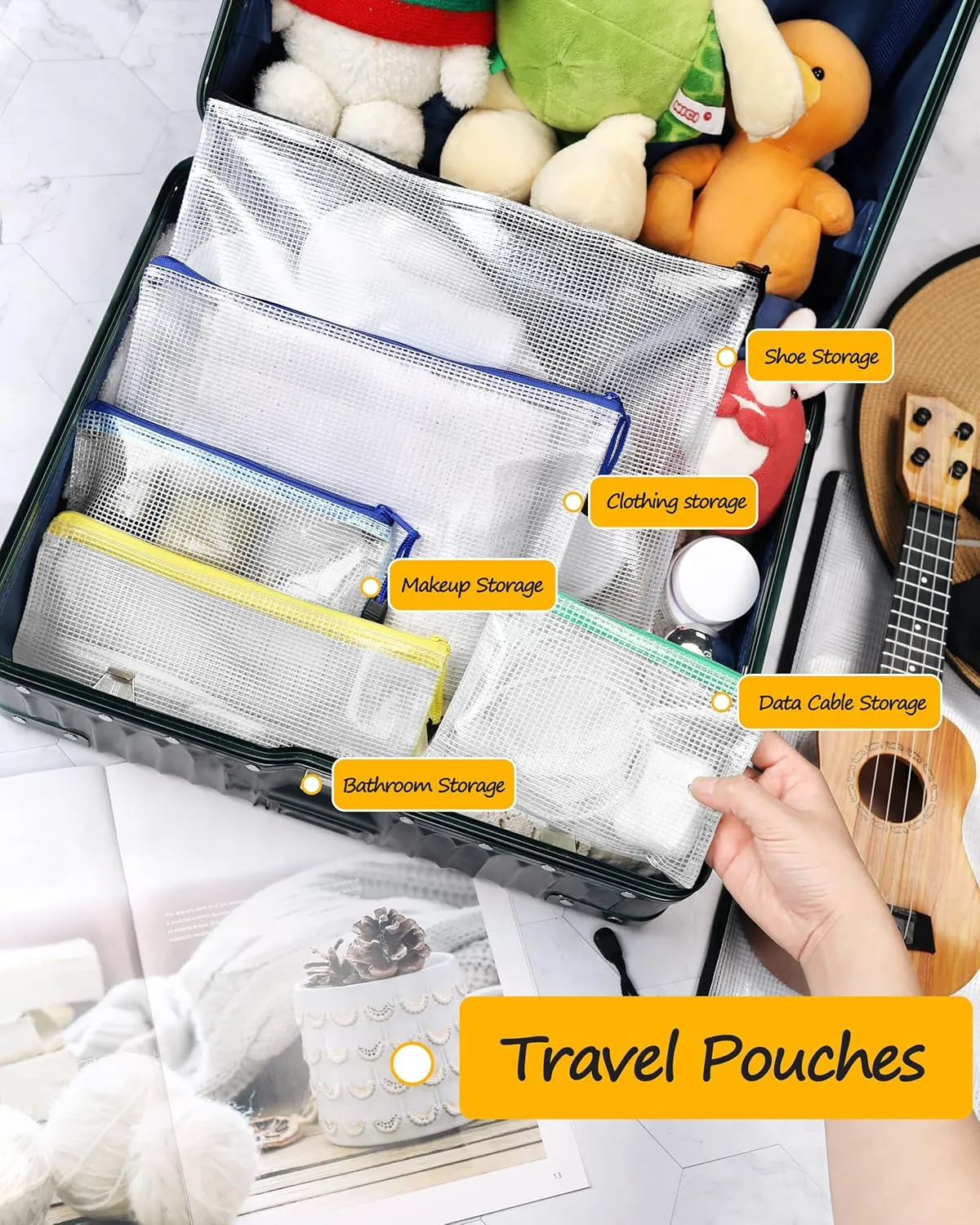 SUNEE Plastic Mesh Zipper Pouch 10x14 in (9 Colors, 18 Packs),Extra Large Water-Resistant Zip Bag for School Office Supplies, Puzzles & Games Organizing Storage