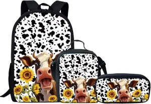 Sunflower Cow Print Kids Elementary School Bag Bookbag Set with Lunch Bag Pencil Hoder for Toddler Girls Preschool Kindergarten Backpacks,3Pcs