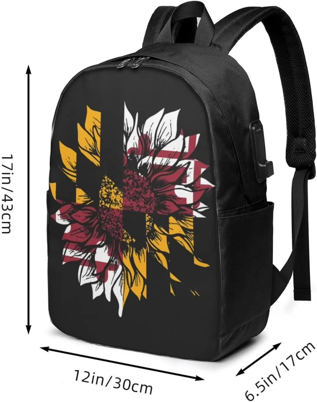 Sunflower Maryland Flag Travel Backpack 17-Inch Laptop Backpacks Business Rucksack Casual Sport Daypack with USB Charging Port Carry-on Bag for Camping Biking