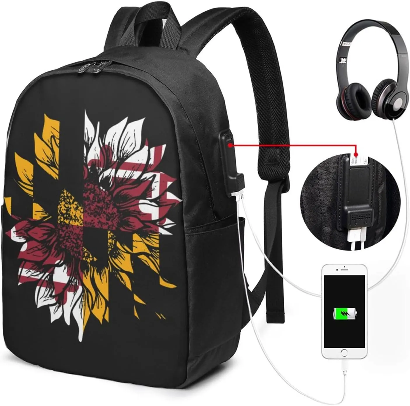 Sunflower Maryland Flag Travel Backpack 17-Inch Laptop Backpacks Business Rucksack Casual Sport Daypack with USB Charging Port Carry-on Bag for Camping Biking