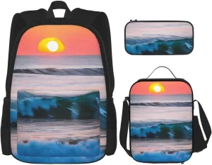 Sunset And Sunrise With Ocean Sea Waves Print Versatile Adjustable Shoulder Fashion Backpack Lunch Bag Pencil Case Large Capacity