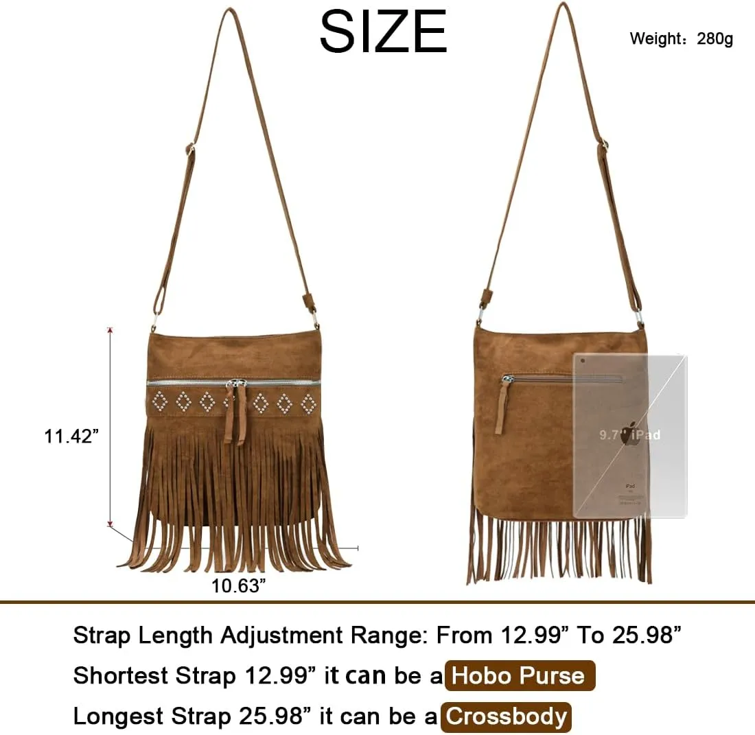 Sunwel Fashion Western Fringe Crossbody Bag with Studs Cowgirl Purse Faux Suede Shoulder Bag for Women
