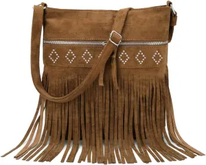 Sunwel Fashion Western Fringe Crossbody Bag with Studs Cowgirl Purse Faux Suede Shoulder Bag for Women
