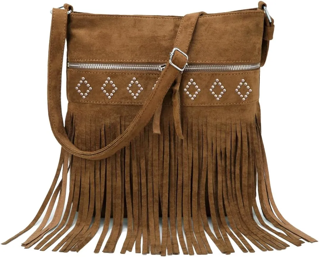 Sunwel Fashion Western Fringe Crossbody Bag with Studs Cowgirl Purse Faux Suede Shoulder Bag for Women