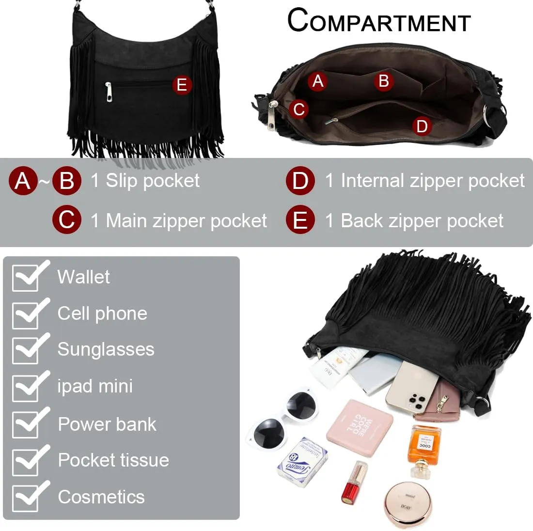 Sunwel Fashion Women Fringe Hobo Bag Western Purse Shoulder Bag Vegan Suede Tassel Hippie Crossbody Bag