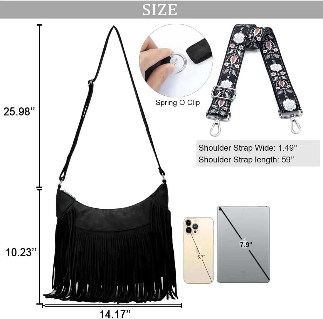 Sunwel Fashion Women Fringe Hobo Bag Western Purse Shoulder Bag Vegan Suede Tassel Hippie Crossbody Bag