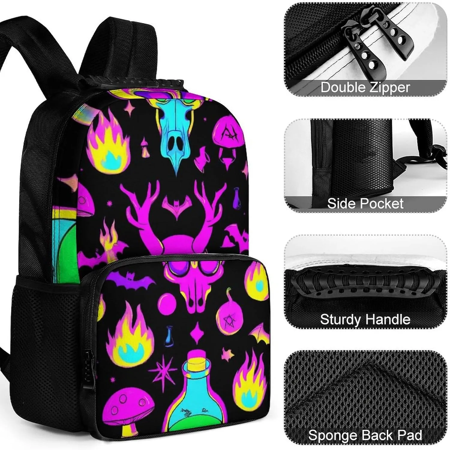 Supdreamc Backpack Anti-Theft Multipurpose Large Capacity Carry On Bag - Goth Gothic Skull Mushroom Magic Witch Witchy Camping Outdoor Backpack With Side Pockets