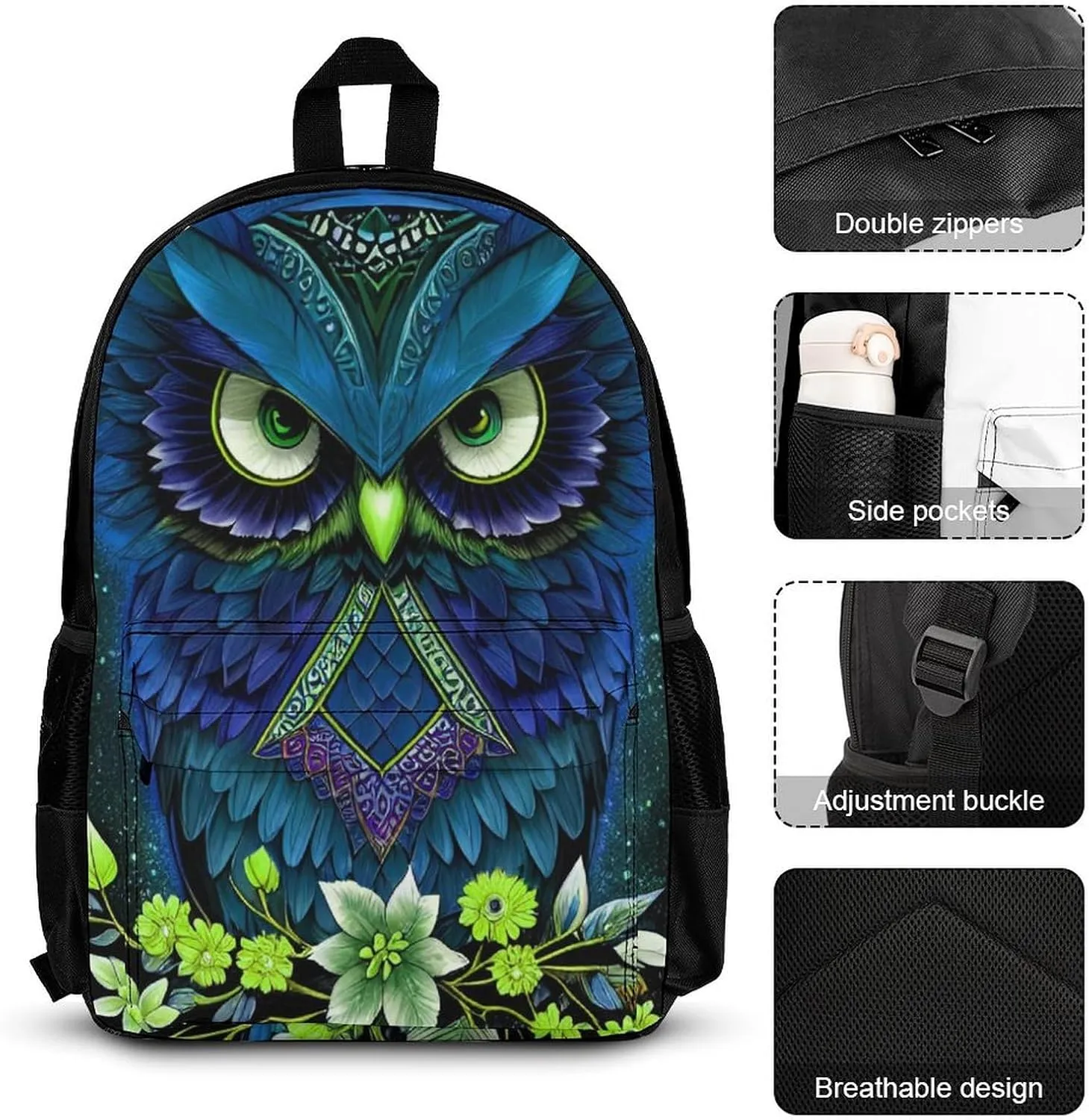 Supdreamc Backpack Sets Daypack Large Capacity Backpack   Lunch Bag   Pencil Case for Sports Picnic Bicycle - Blue Owl Floral Art, Camping Outdoor Backpack