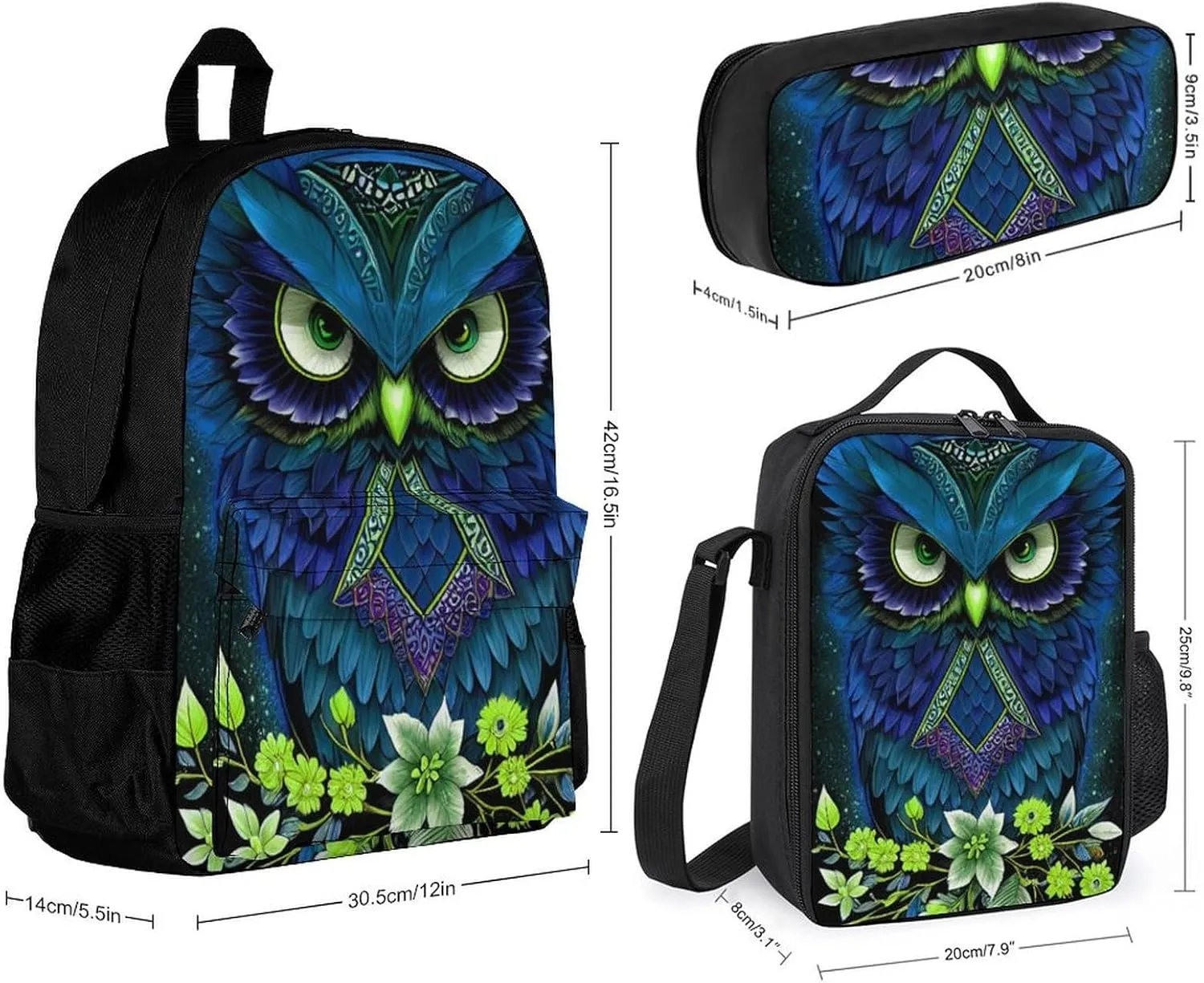 Supdreamc Backpack Sets Daypack Large Capacity Backpack   Lunch Bag   Pencil Case for Sports Picnic Bicycle - Blue Owl Floral Art, Camping Outdoor Backpack