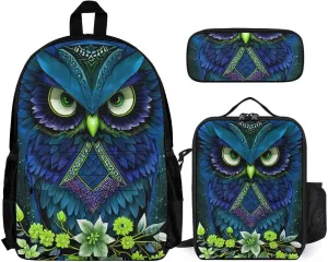 Supdreamc Backpack Sets Daypack Large Capacity Backpack   Lunch Bag   Pencil Case for Sports Picnic Bicycle - Blue Owl Floral Art, Camping Outdoor Backpack