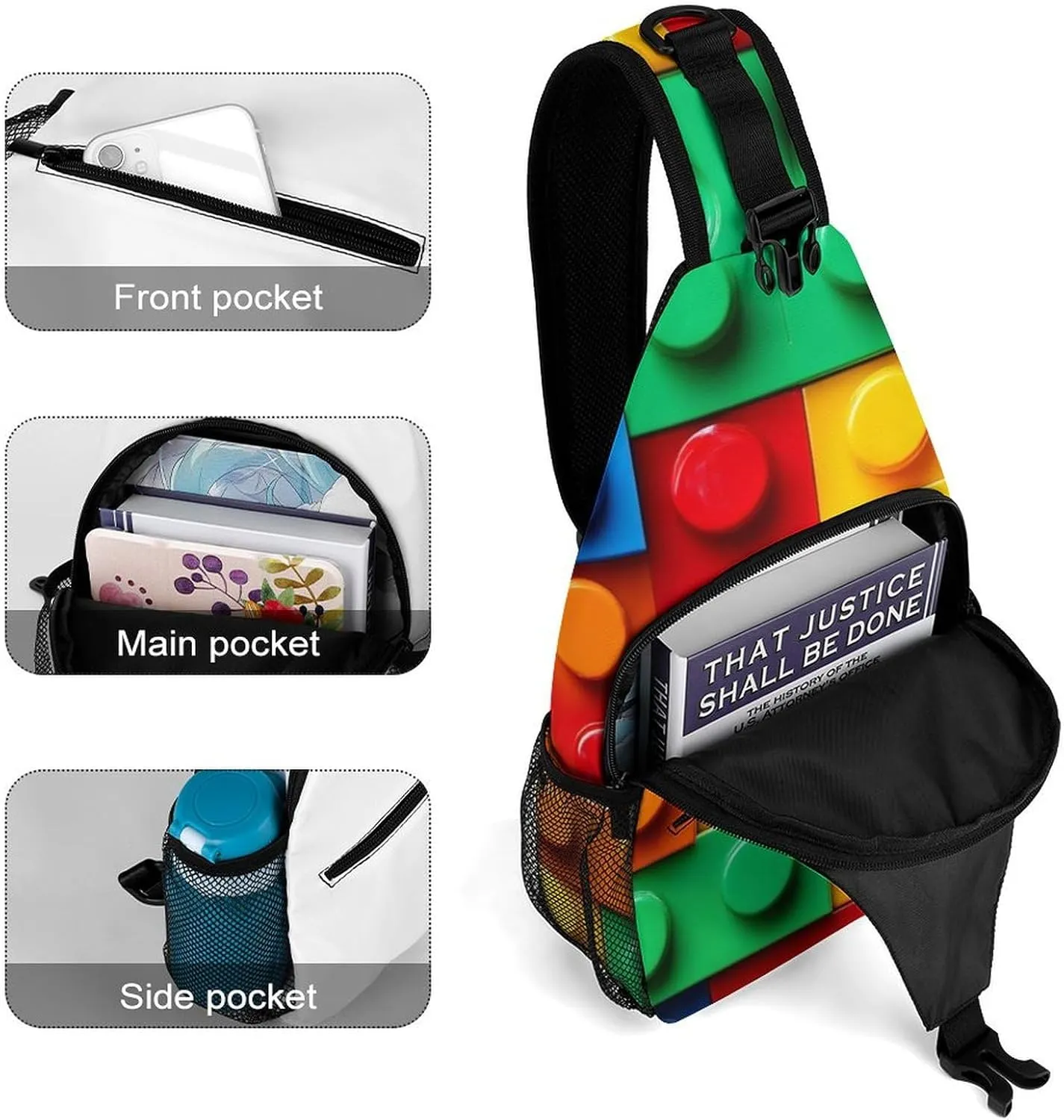 Supdreamc Casual Sling Backpack, Bag, Colorful Building Blocks Bricks Shoulder Crossbody Bag Chest Pack, Bookbag, Gym Bags Sack Daypack Outdoor Backpack for Man Women Lady