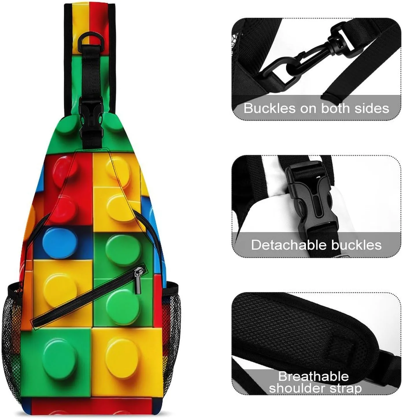 Supdreamc Casual Sling Backpack, Bag, Colorful Building Blocks Bricks Shoulder Crossbody Bag Chest Pack, Bookbag, Gym Bags Sack Daypack Outdoor Backpack for Man Women Lady