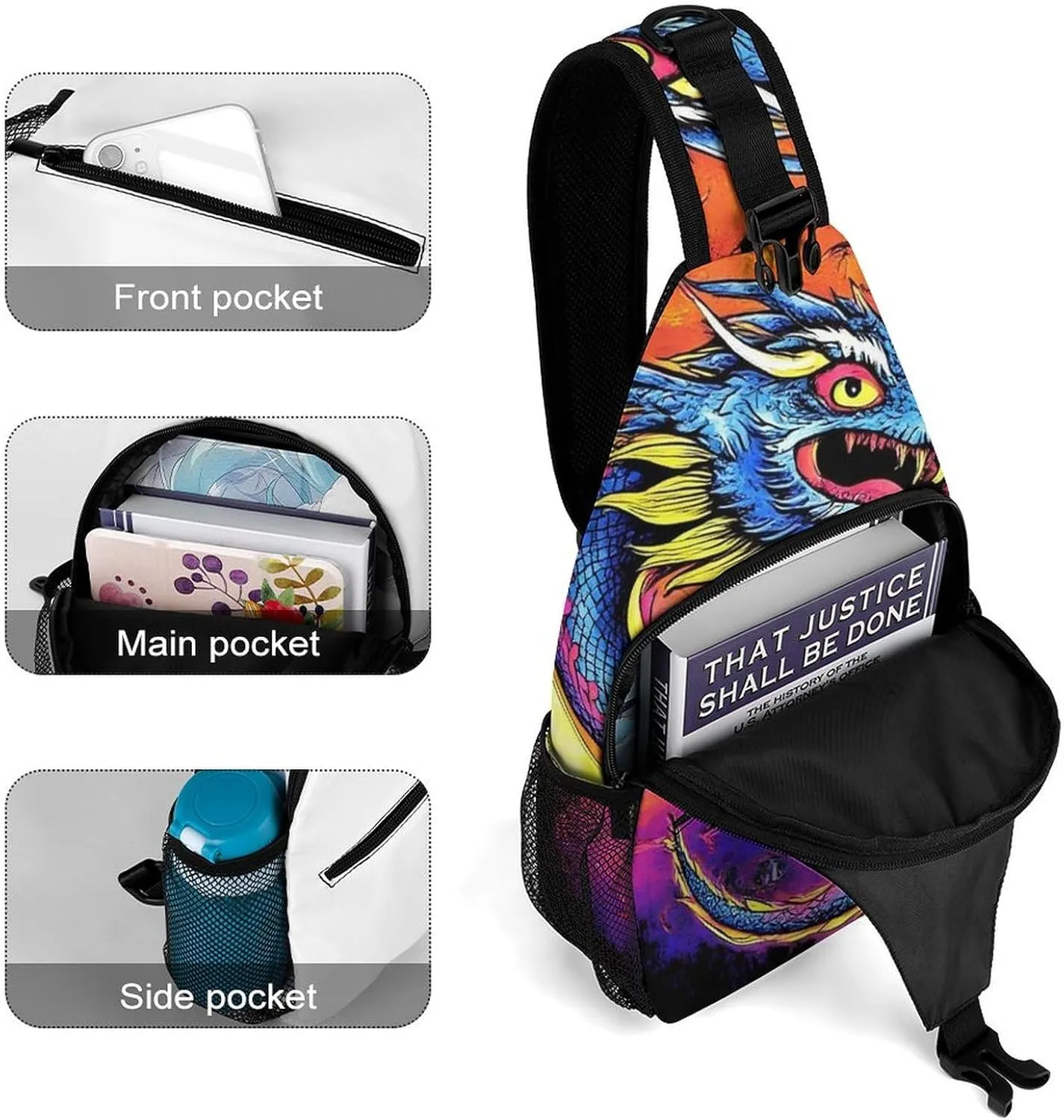 Supdreamc Casual Sling Bag Backpack, Daypack, Mystery Dragon Trippy Art Shoulder Chest Crossbody Bag, Tactical Satchel, Travel Backpack Camping Outdoor Bag for Men Women