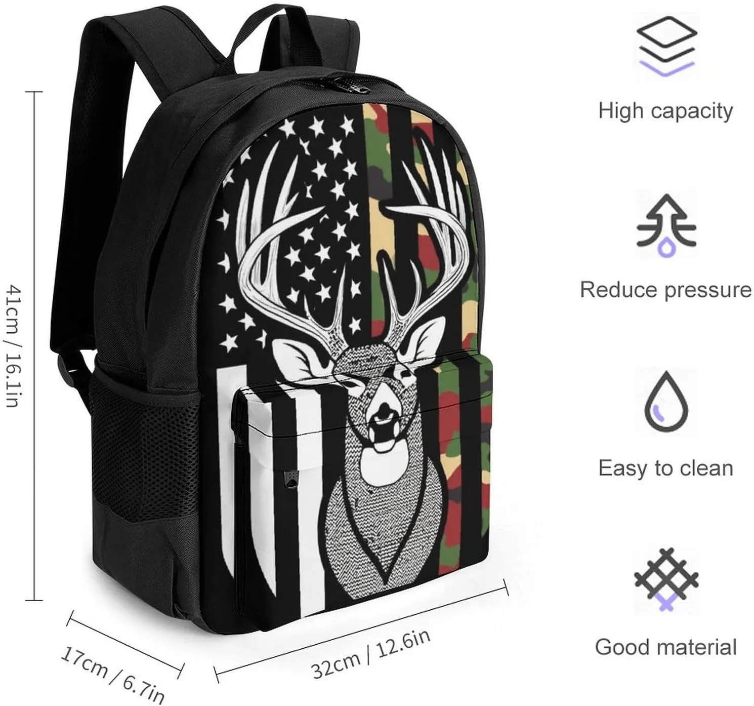 Supdreamc Lightweight Daypack for Camping Business Walking Cycling - Large Capacity Anti-Theft Multipurpose Bookbag, Camouflage American Flag Hunting Deer Camo Black Gym Outdoor Hiking Backpack