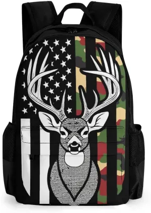 Supdreamc Lightweight Daypack for Camping Business Walking Cycling - Large Capacity Anti-Theft Multipurpose Bookbag, Camouflage American Flag Hunting Deer Camo Black Gym Outdoor Hiking Backpack