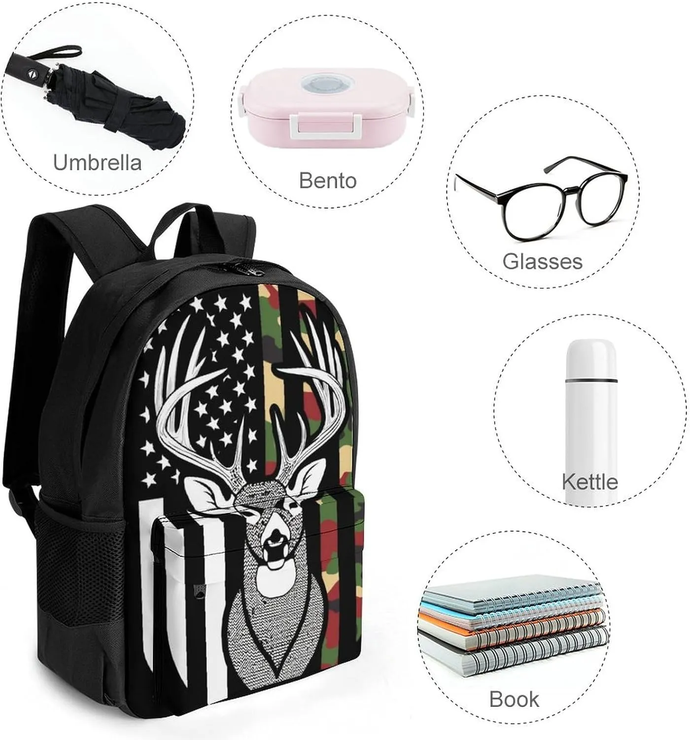 Supdreamc Lightweight Daypack for Camping Business Walking Cycling - Large Capacity Anti-Theft Multipurpose Bookbag, Camouflage American Flag Hunting Deer Camo Black Gym Outdoor Hiking Backpack