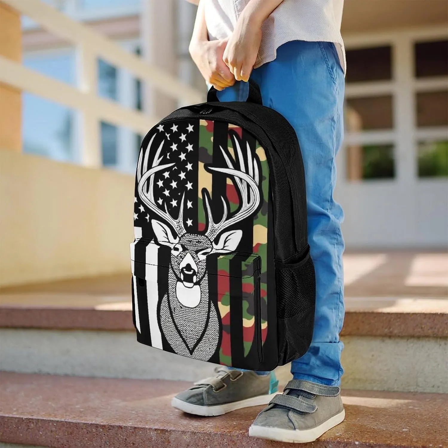 Supdreamc Lightweight Daypack for Camping Business Walking Cycling - Large Capacity Anti-Theft Multipurpose Bookbag, Camouflage American Flag Hunting Deer Camo Black Gym Outdoor Hiking Backpack