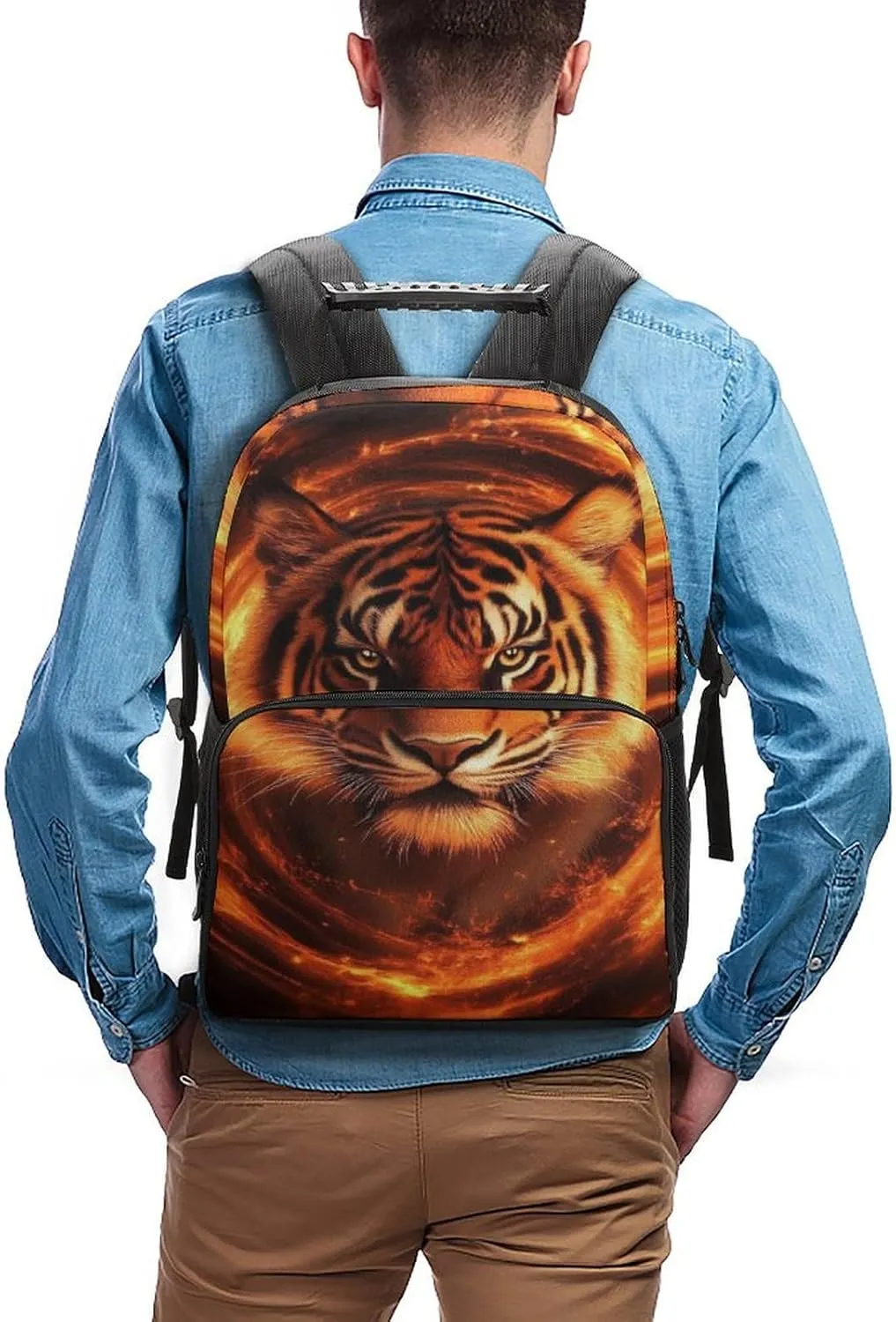Supdreamc Men & Women Polyester Wild Angry Animal King Fire Flame Tiger Backpack Large Capacity Bookbag With Smooth Zippers for Climbing Picnic Bicycle